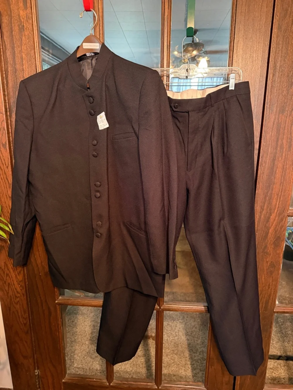 Eddie Domani Mens Black Nehru Mandarin Collar 2 Piece Suit Jacket Pants 44 36L